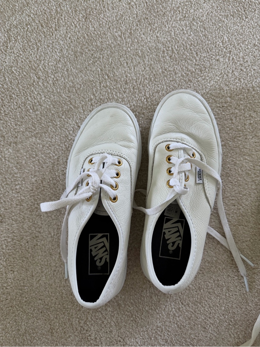 Vans White Leather Low-Top Sneakers with Gold Eyelets